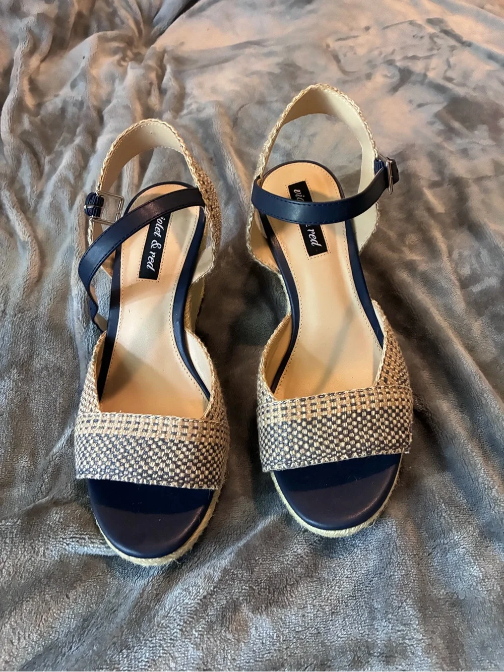 Violet & Red Micah Textured Stylish Espadrille Wedge Sandals in Navy and Tan.